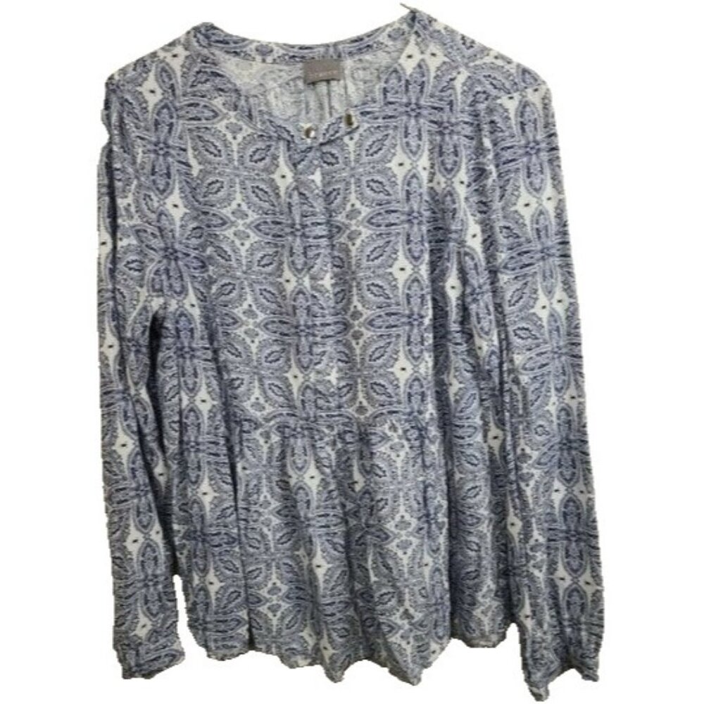 Braeve Evereve Womens BOHO Blouse Top Medium Gray Floral Peplum Long Sleeve